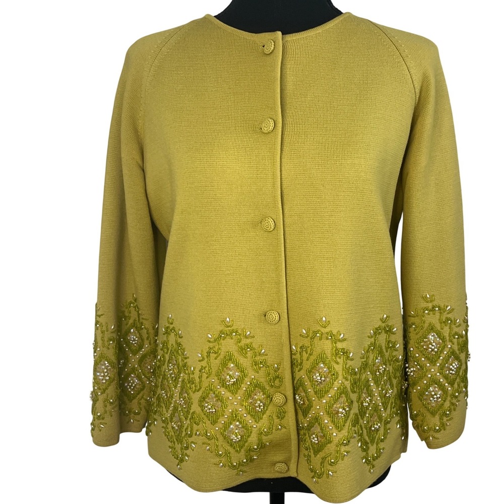 Vtg Chartreuse Hand‎ sewn Glass beads /Lining 50s Cardigan Evening Knitwear M/L